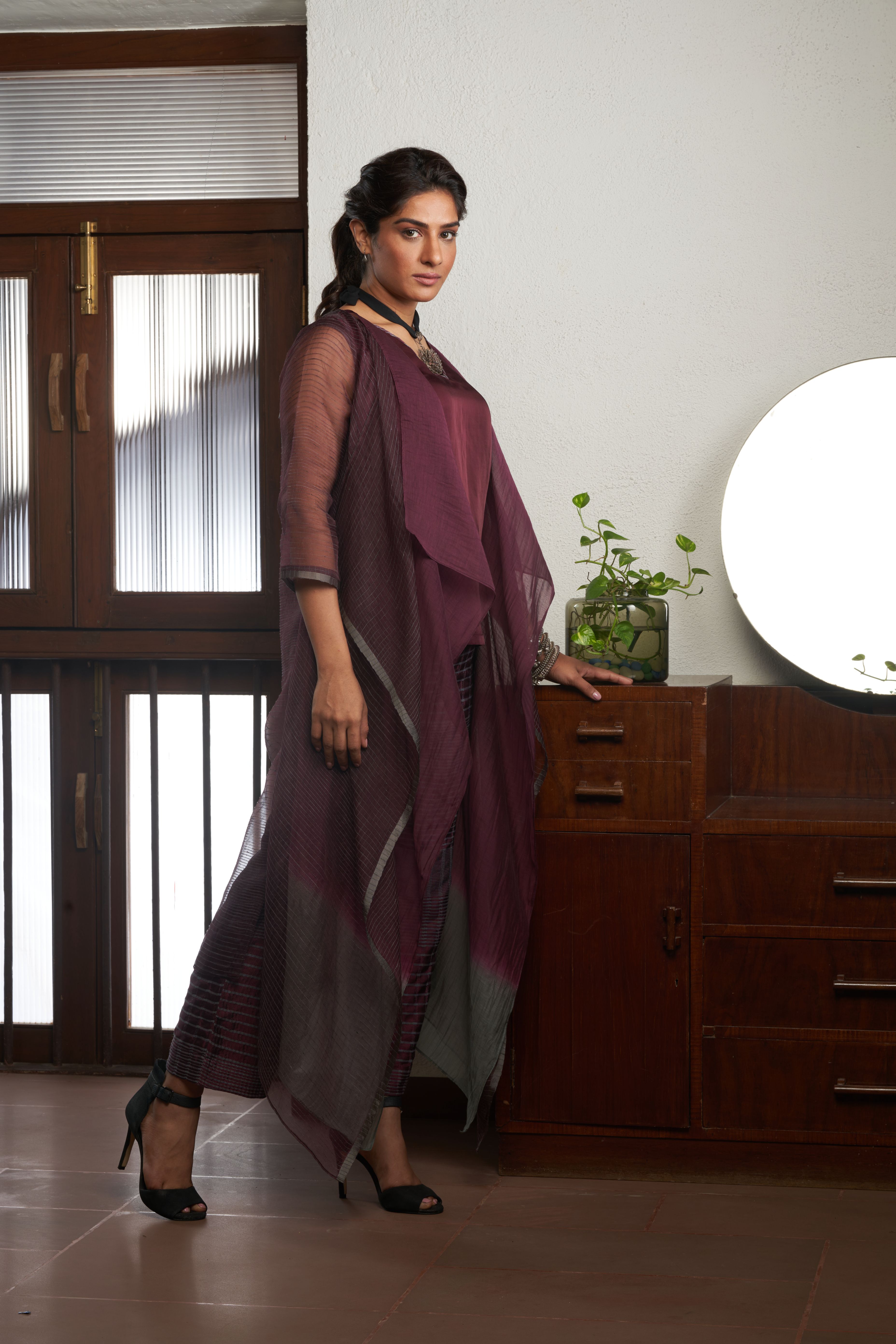 Wine Silk And Khadi Jacket Set