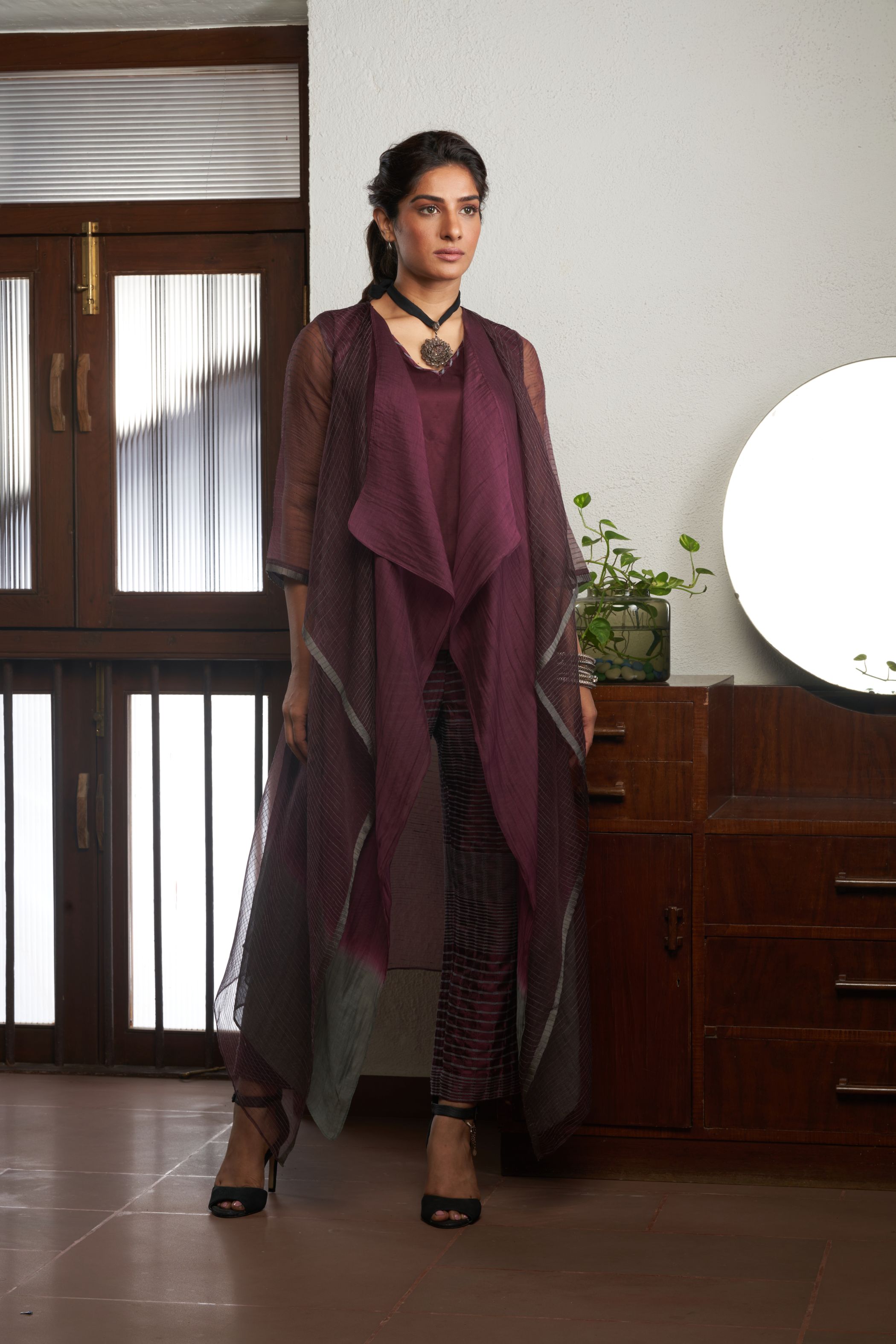 Wine Silk And Khadi Jacket Set