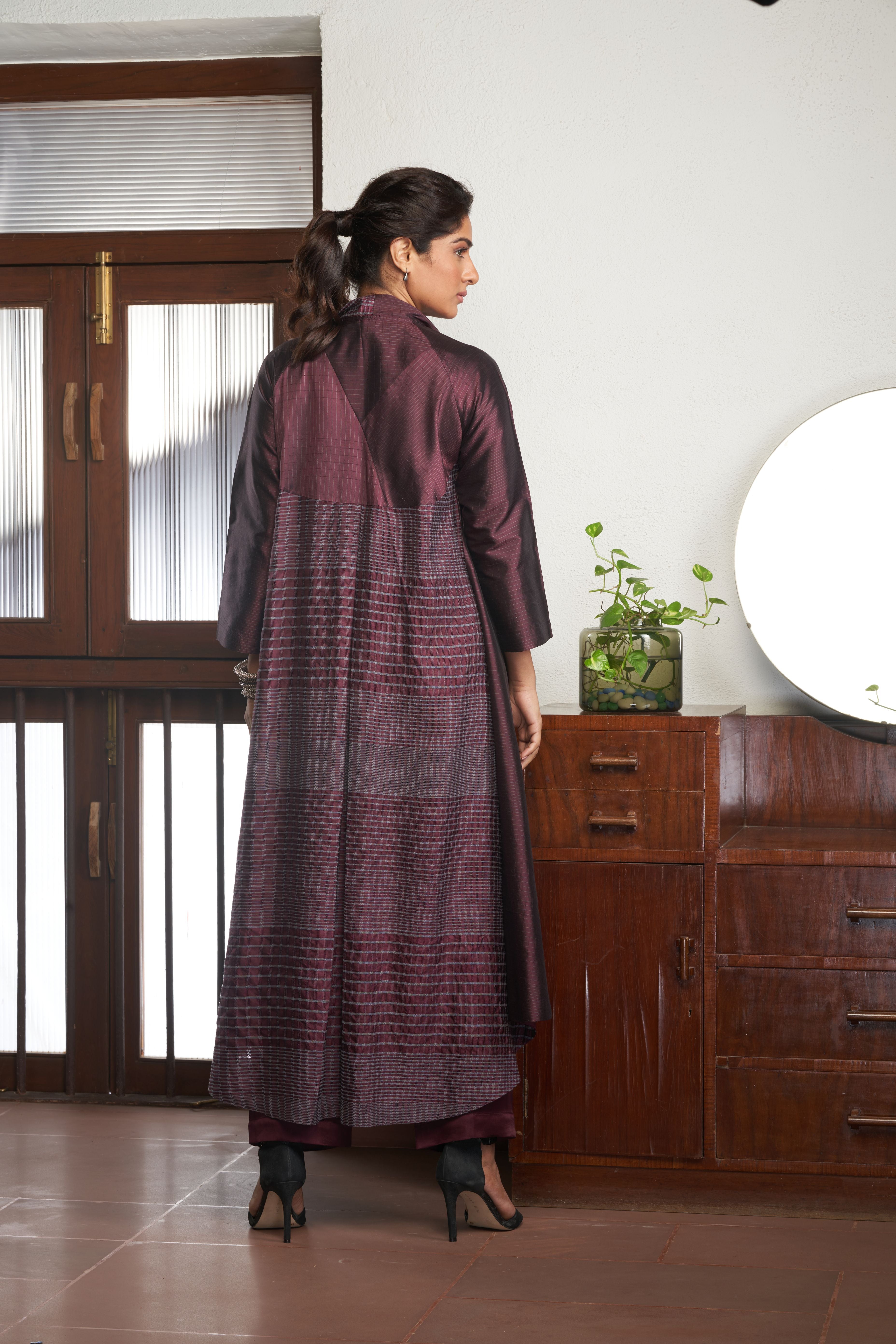 Wine Silk And Khadi Jacket Set