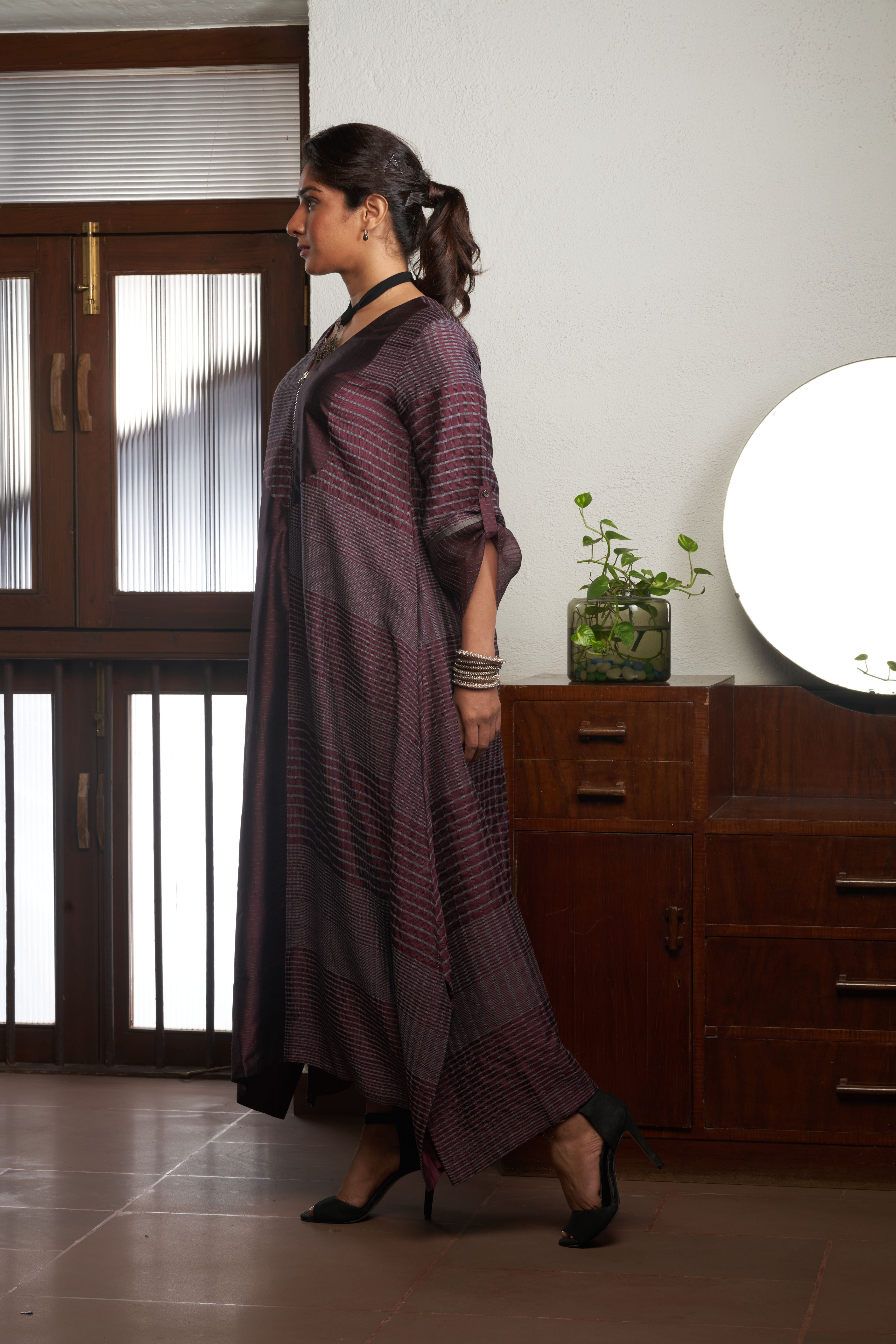 Wine Silk And Khadi Kaftan